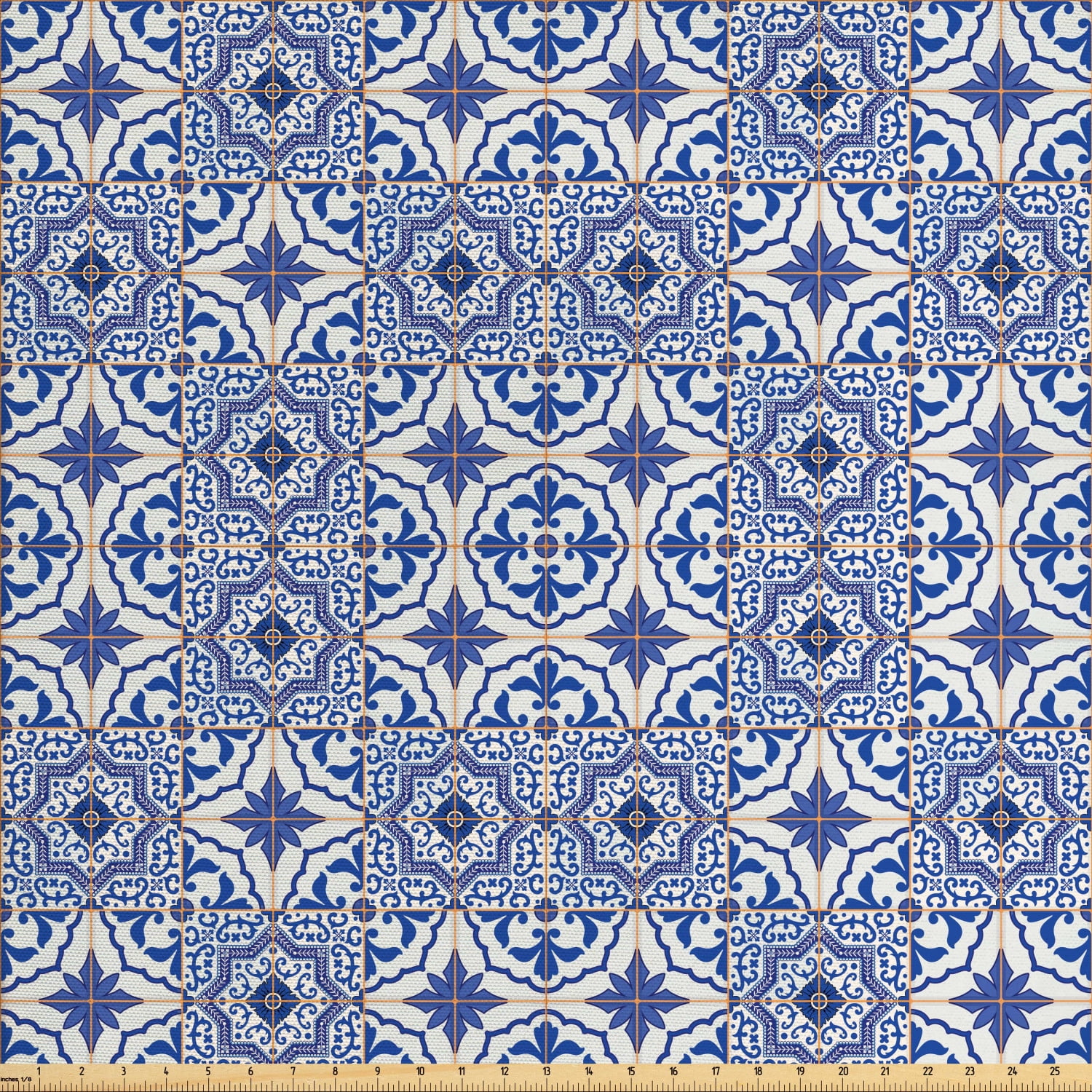 Moroccan Fabric  by The Yard Portuguese Tiles Squares Grid 