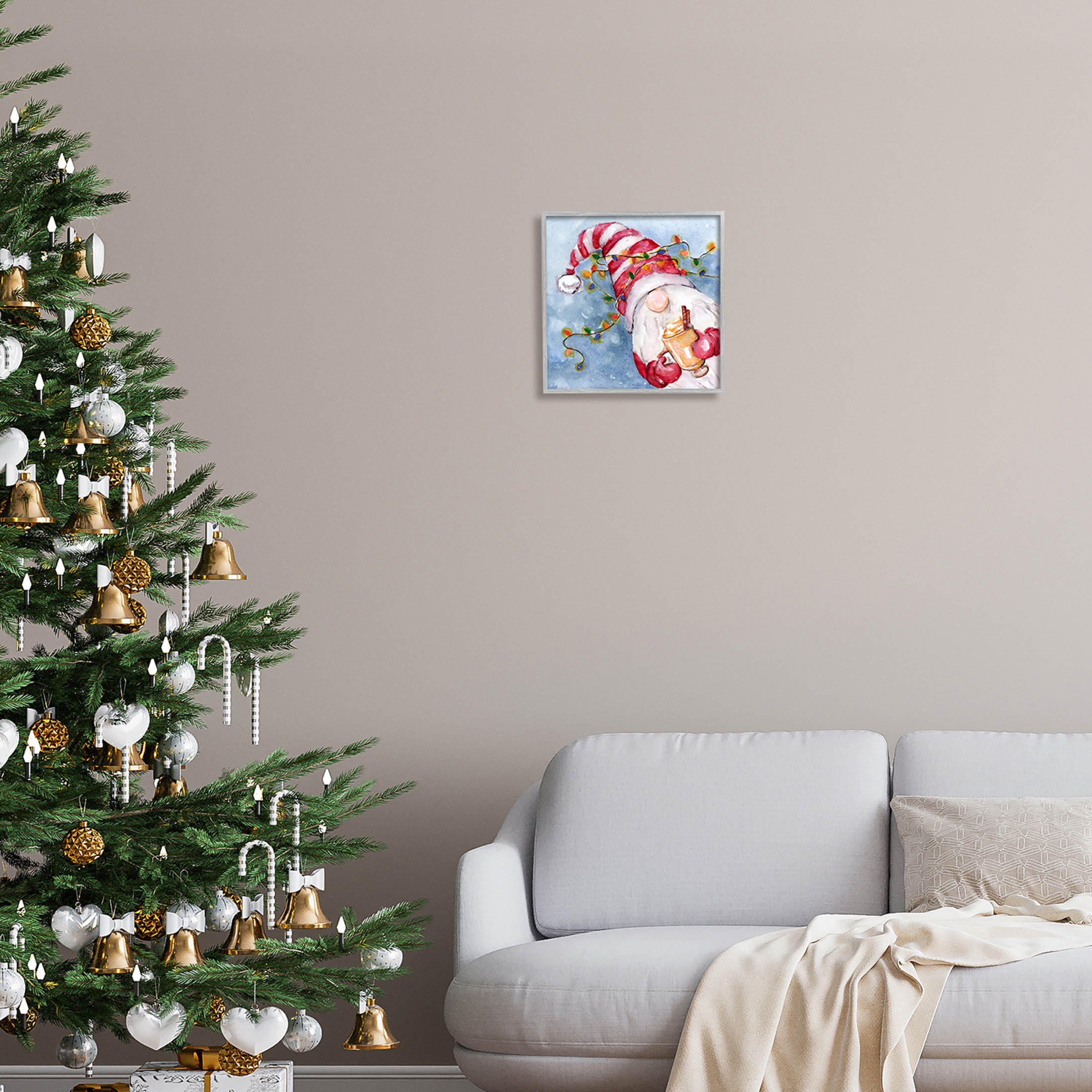 Stupell Industries Santa Gnome Holiday Lights Graphic Art Gray Framed Art Print Wall Art, Design by Stella Chang