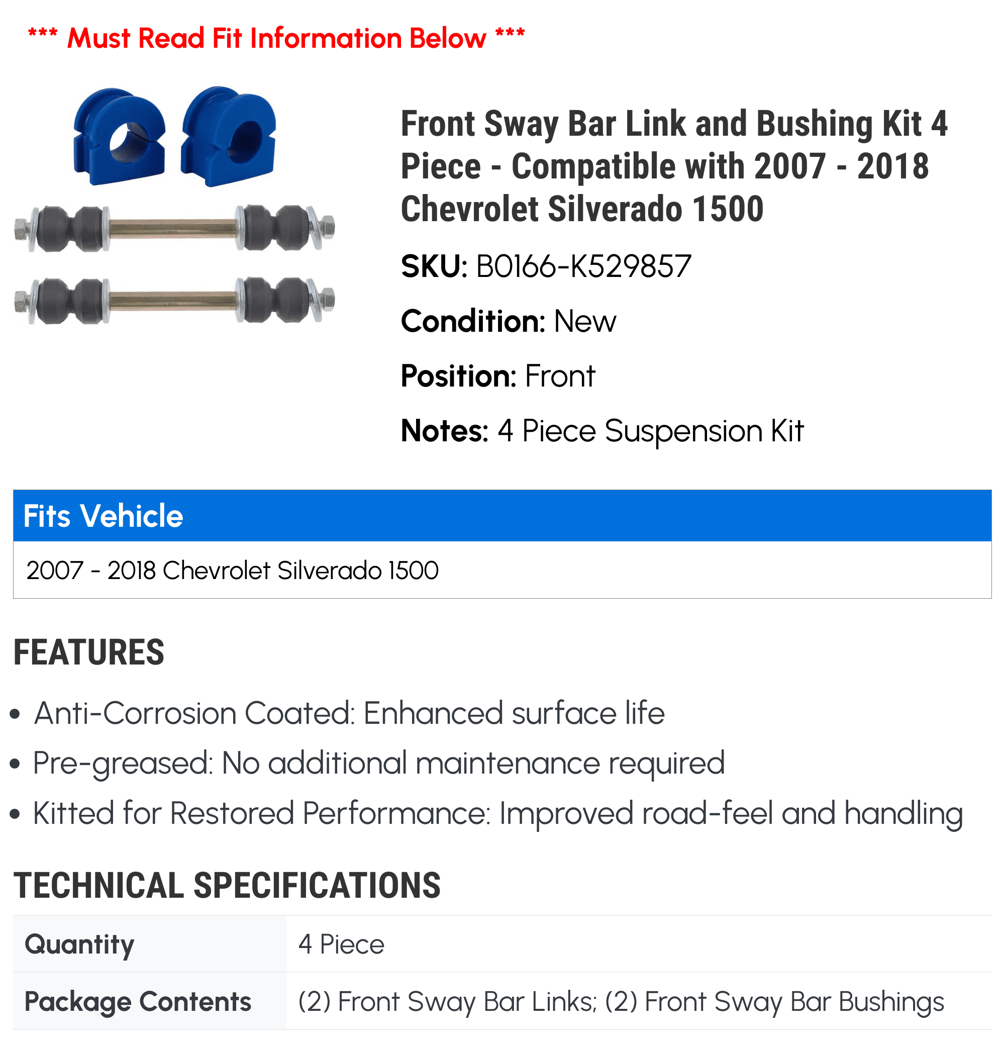 Front Sway Bar Link and Bushing Kit 4 Piece - Compatible with 2007 - 2018 Chevy Silverado 1500 2008 2009 2010 2011 2012 2013 2014 2015 2016 2017