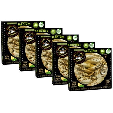 Grilled Catch Wild Caught Brisling Sardines in olive oil with Lemon & Basil, 4.2 Ounce (Pack of 5)