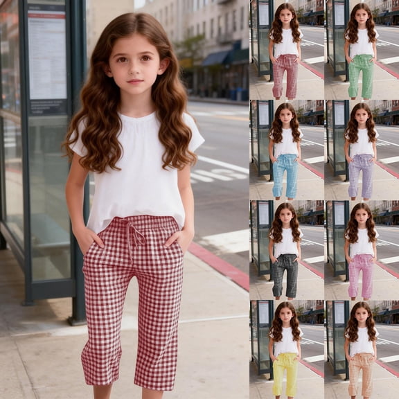 Girls Pants Kids Summer Plaid Drawstring Capri Trousers Side Pockets Playwear Black 5-6 Years