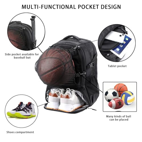 Basketball Backpack, Large Capacity Basketball Bag with Shoe Compartment and Detachable Independent Mesh Bag for Volleyball, Soccer, Breathable Gym Sports Training Equipment Bags f