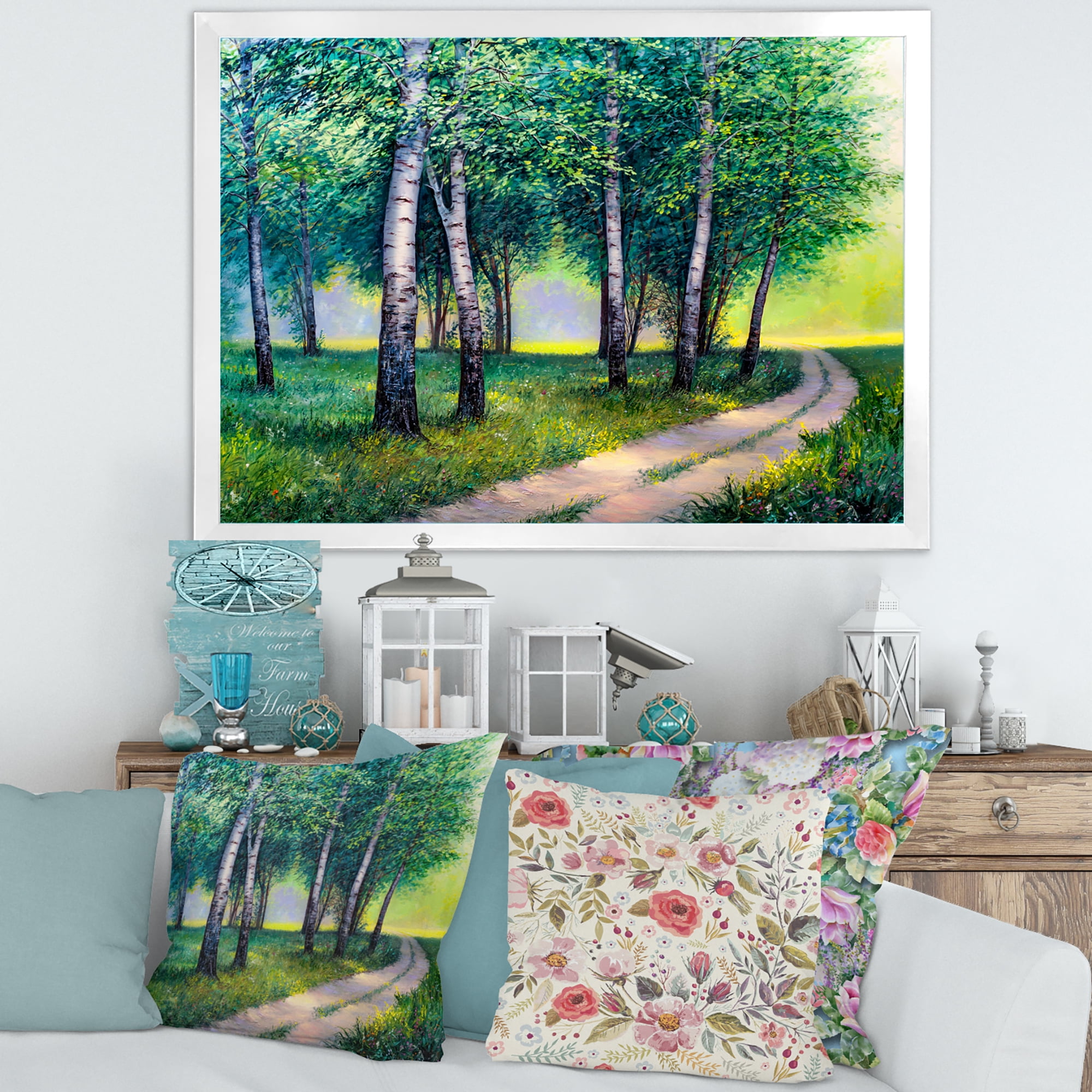 Designart 'Summer Forest Path By The Birches' Lake House Framed Art Print