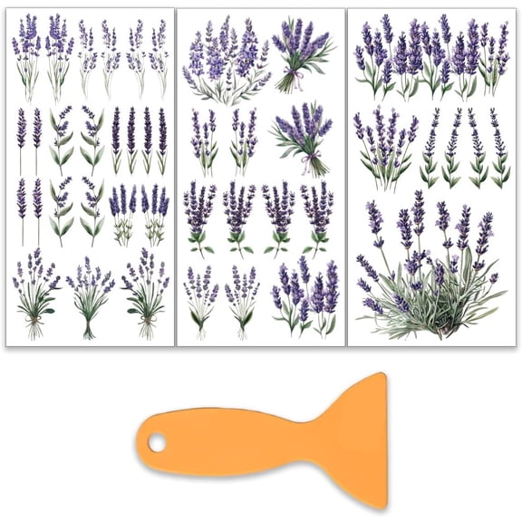 3Pcs/Set Lavender Rub on Transfers for Furniture and Craft 6x12 Inch Purple Flower Furniture Decal Transfer Stickers Rub on Decal with 1pc Scraper for Scrapbook Window Home Decoration