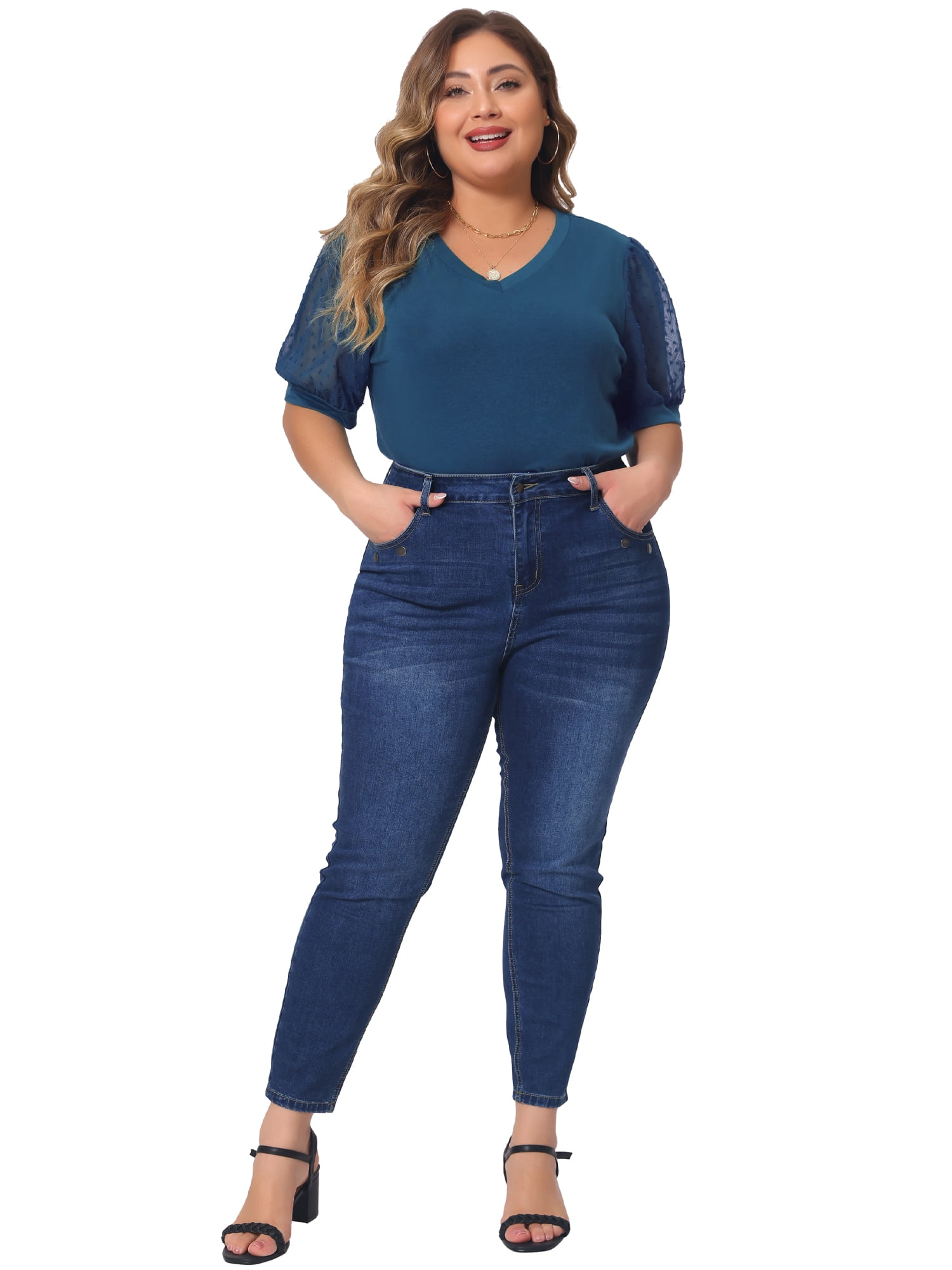 DARING DIVA Women's Plus Tops V Neck Swiss Dots Puff Sleeve Casual Blouse 2X Dark Blue