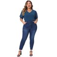thumbnail image 3 of DARING DIVA Women's Plus Tops V Neck Swiss Dots Puff Sleeve Casual Blouse 1X Dark Blue, 3 of 6