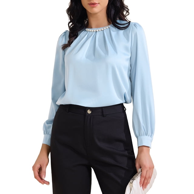 INSPIRAR CHIC Blusa de trabajo elegante para mujer con decoración de perlas, cuello redondo fruncido, camisa de oficina elegante, talla L azul