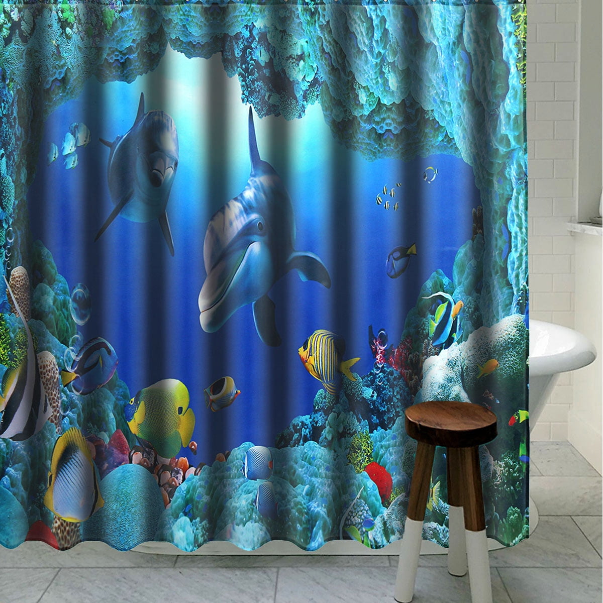 3Pcs Bathroom Set Pedestal Floor Rug + Lid Toilet Cover +Non-Slip Bath Mat Doormat /71''x 71'' Shower Curtain +12 Hooks Rings Dolphin Ocean Waterproof Polyester Home Decor