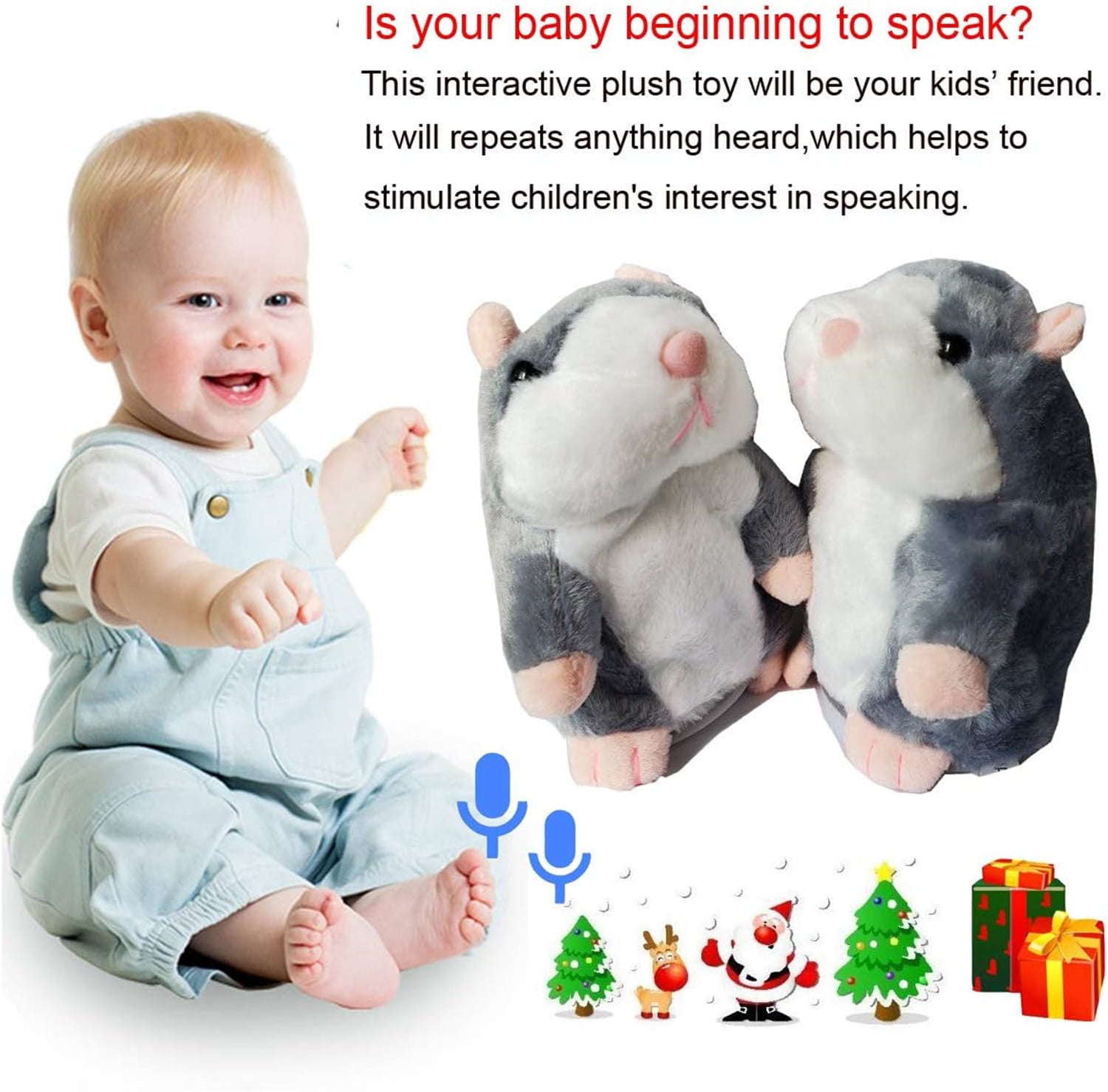 Plush Interactive Toys Talking Hamster Repeats What You Say Talking Stuffed Animal Talk Back Hamster Toy for Kids Interactive Hamster Toy for Birthday Funny Gift Kids Early Learning, 2Pack, Gray