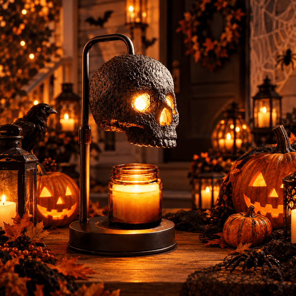 Skull Candle Warmer Lamp with Timer and Dimmer *Candles Not Included – Black Gothic Candle Lamp Warmer w/Adjustable Height, 2 Light Bulbs – Skull Decor, Halloween Lamps for Spooky Home & Witchy Gifts