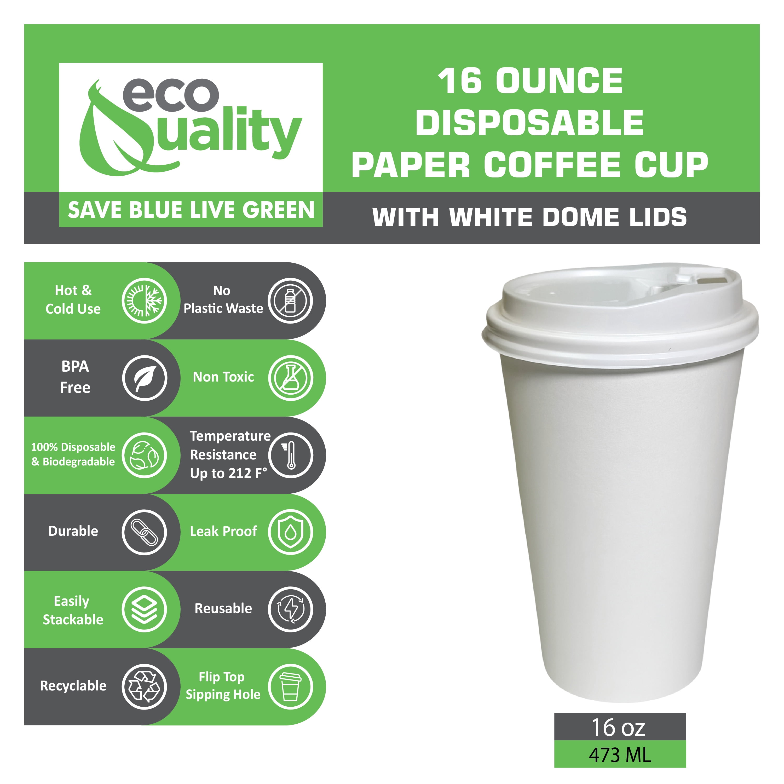 EcoQuality 16 oz White Hot Drink Paper Cups with White Dome Lids - Disposable Paper Coffee Cups perfect for Tea, Latte's, Coffee Shops, Restaurant Grade (25)