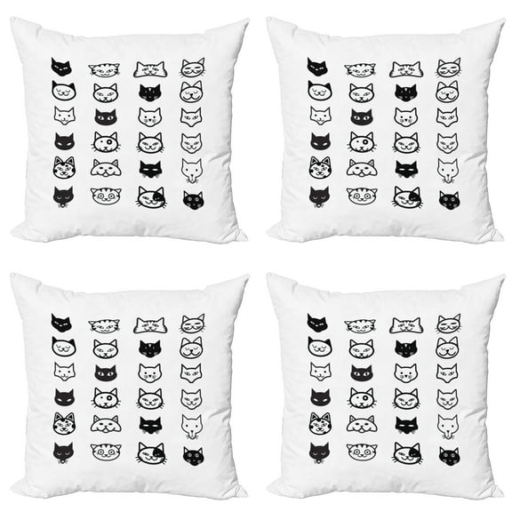 Ambesonne Cat Throw Pillow Cover 4 Pack, Monochrome Face Design, 18", Black White