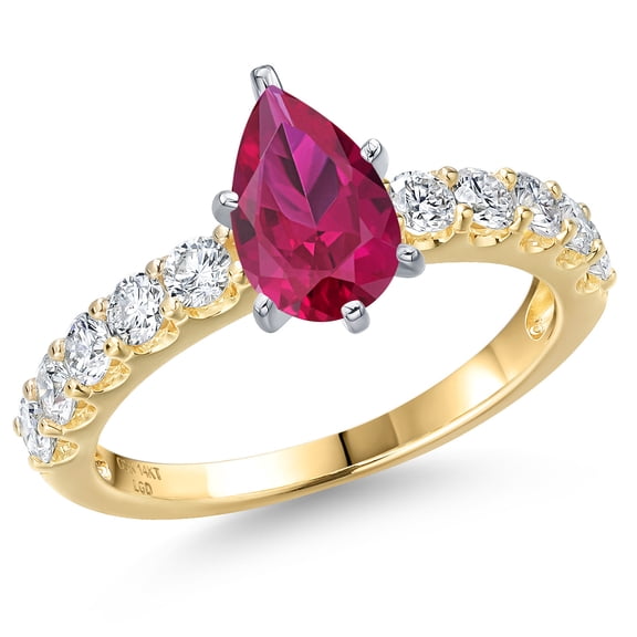 Gem Stone King 14K Two Tone Gold Red Created Ruby and Lab Grown Diamond Engagement Ring for Women | 2.10 Cttw | Pear Shape 9X6MM | Gemstone July Birthstone | Size 5