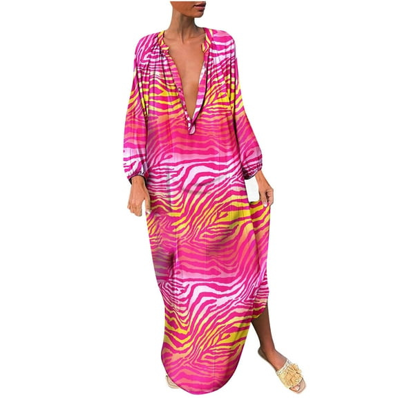 Holloyiver Women’s Dresses Summer 2023 Autumn And Winter Sexy Long Sleeve Printed V-Neck Long Dresses S-2XL