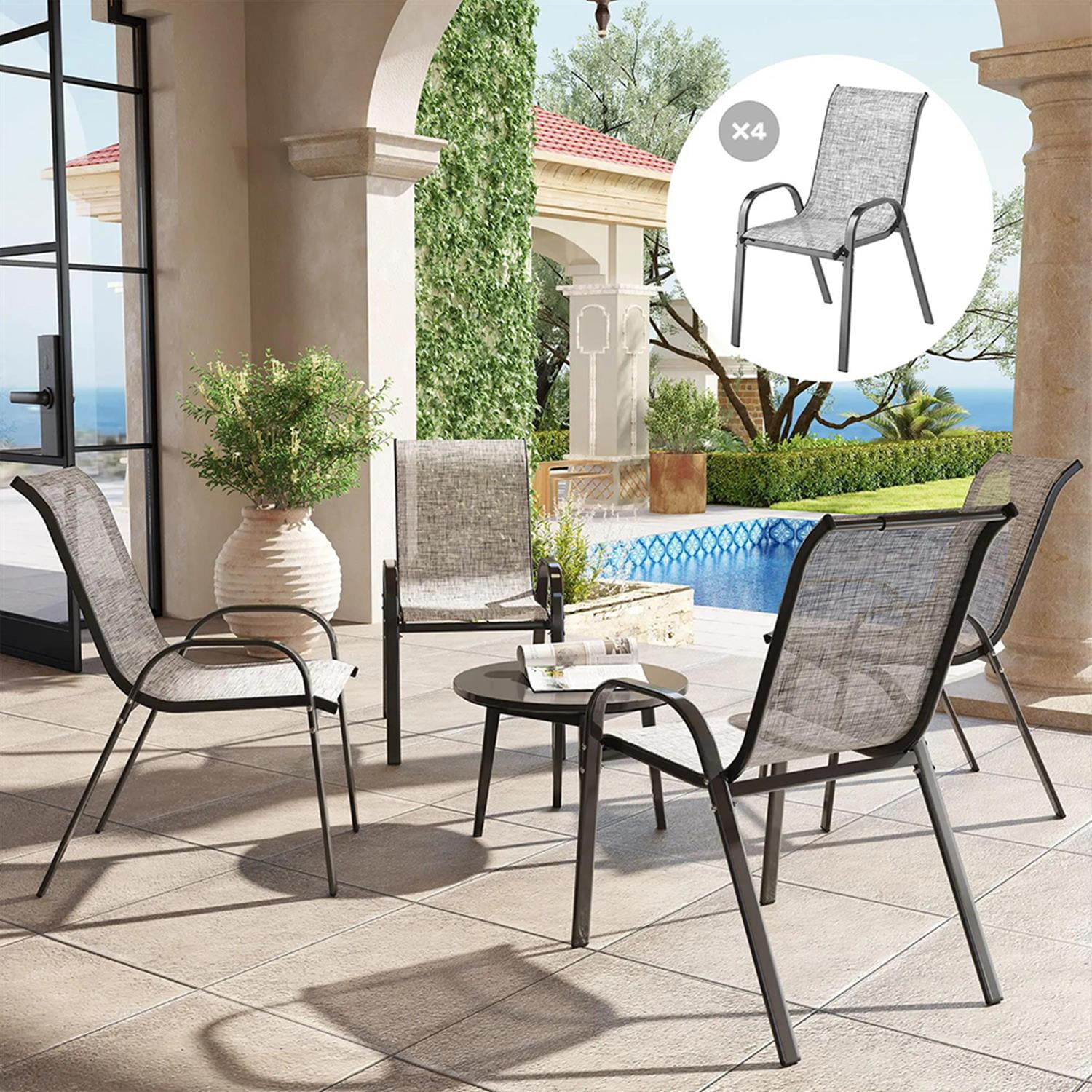 Demi Bonn Outdoor Dining Chairs Set of 4, Stackable Patio Chair with High Back, Breathable Mesh Seat for Garden, Backyard, Deck, Porch, Lawn, Gray