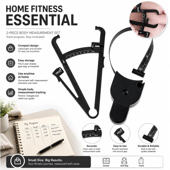 Body Fat Caliper and Measuring Tape Set, Skinfold Calipers and Body Measuring Tape for Fitness Tracking, TIKA