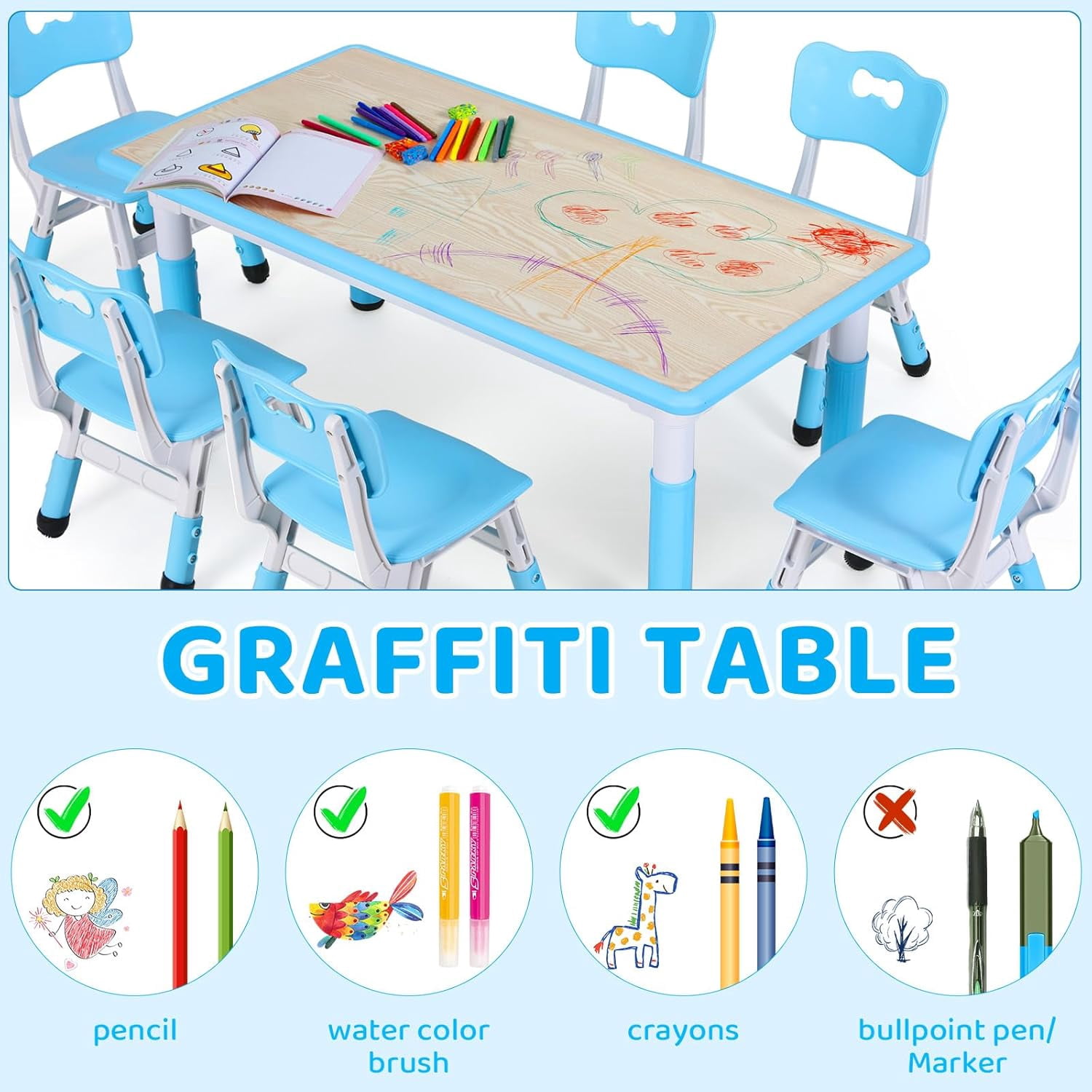 Pirecart Kids Table and 6 Chairs Set for Ages 2-10, Height Adjustable Children Arts & Crafts Table with Graffiti Desktop, Blue