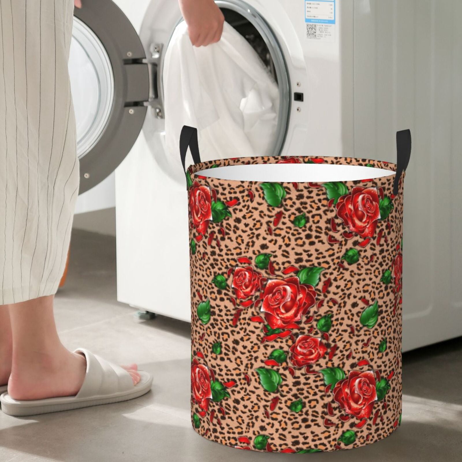 Large Laundry Basket with Handles - Rose Mix Leopard 1 Kids Baby Dirty Clothes Laundry Hamper for Bedroom Aesthetic