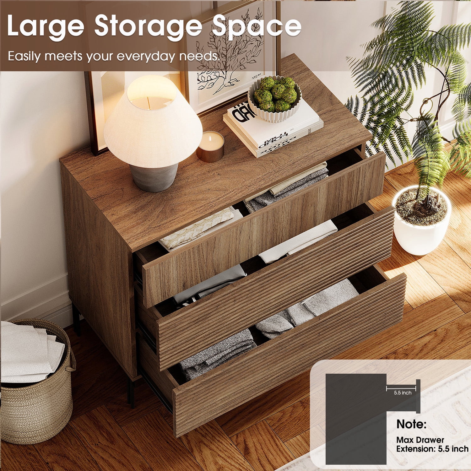 Modern Wood 3-Drawer Dresser with Reeded Design, Minimalist Dresser Organizer Storage for Bedroom,Living room, Entryway