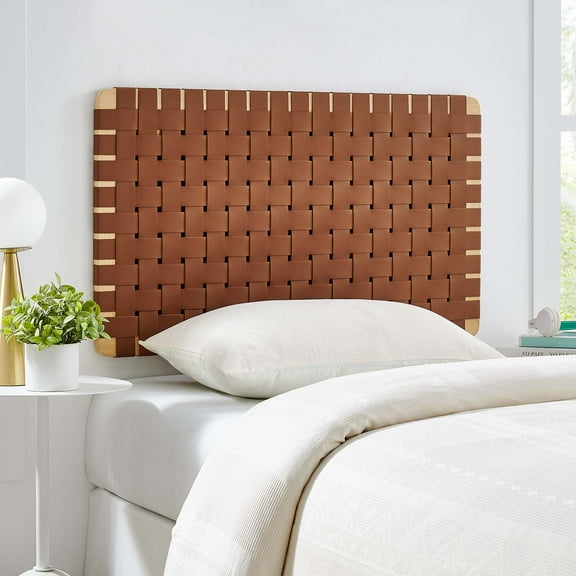 Sparta Weave Wall-Mount Vegan Leather Twin Headboard in Natural Brown