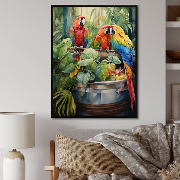 Designart "Jungle Paradise of Red Parrots I" Animals Framed Wall Art - Modern Red Parrot Hallway Framed Wall Art Decor