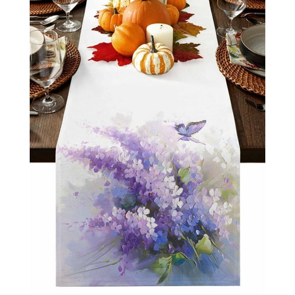 Purple Lavender Butterfly Table Runner-Cotton Linen- 72 Inch Holiday Dresser Scarves, Contemporary Pastoral Oil Painting Tablerunner for Kitchen Coffee/Dining Living Room Dinner Scarf Décor 14x72