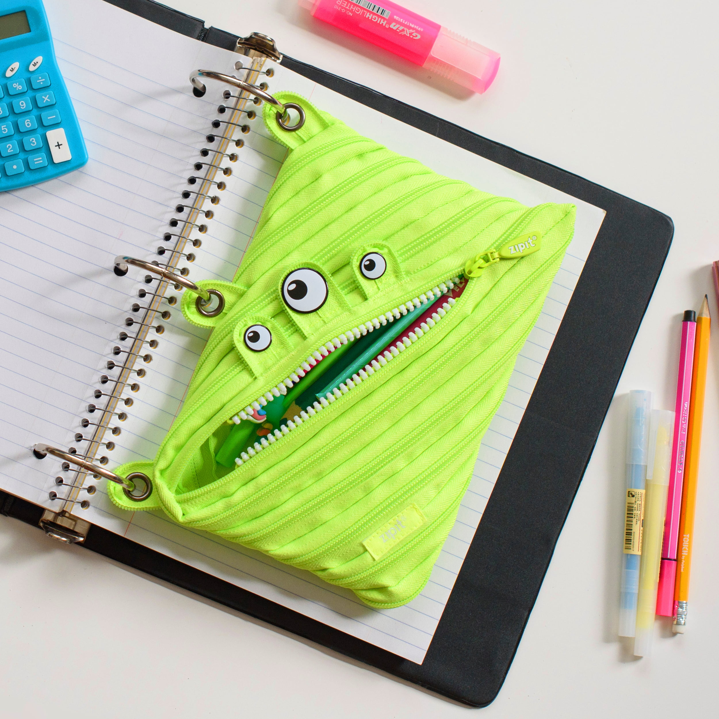 Zipit Monster, Lime Green Pencil Case. 3 Hole Binder Pencils Cell
