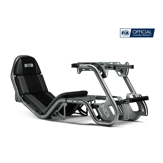 Grey Next Level Racing F-GT Pro simulator cockpit featuring a black padded racing seat and adjustable metal frame for formula and GT racing setups.