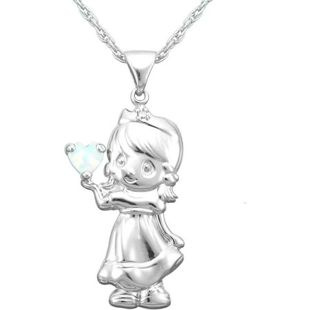 Precious Moments Sterling Silver Created Opal Girl Angel Pendant with Chain, 18