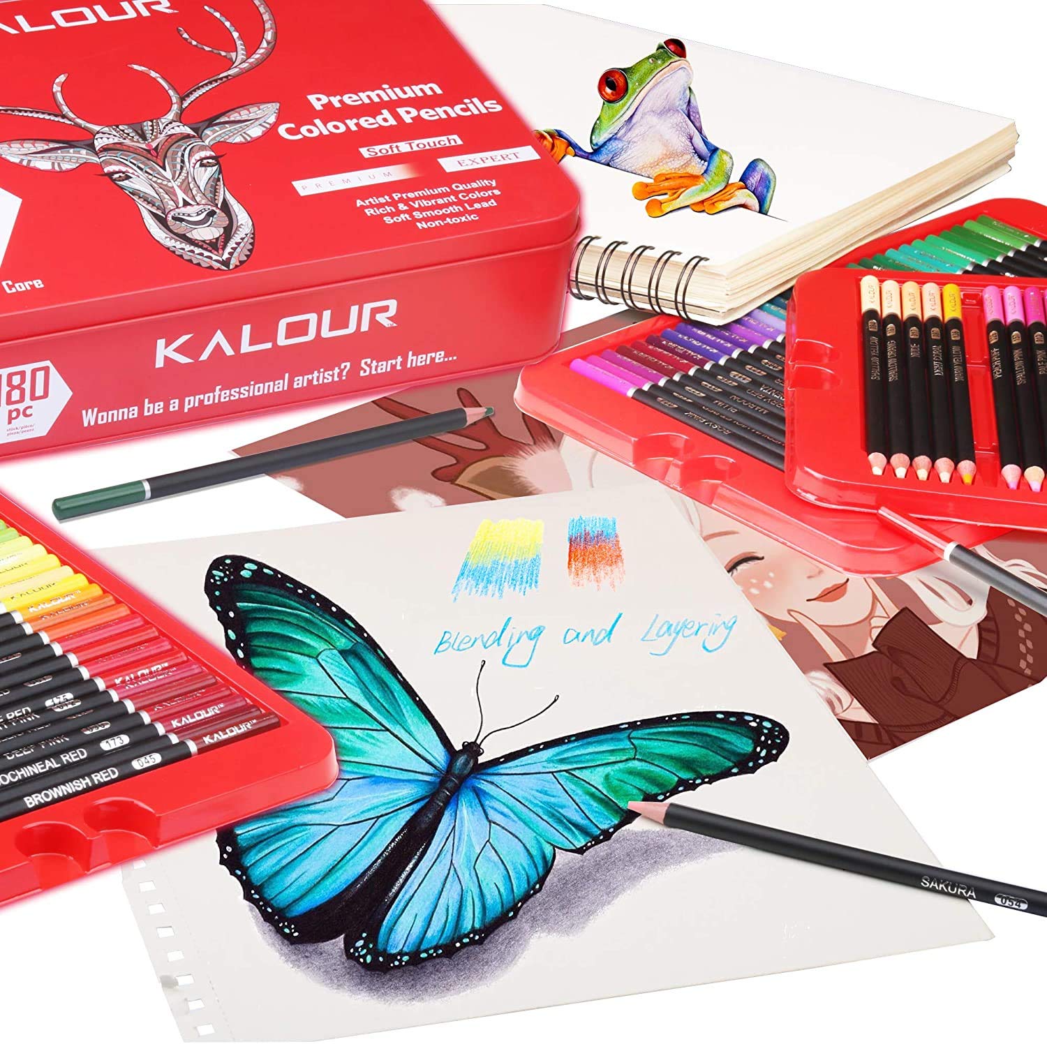 Sabahz Trading Kalour 180 Premium Colored Pencil Set For Adult Coloring -  Artists Soft Core Drawing Pencils- Ideal For Sketching Shading Blending  Crafting - Gift Tin Box 