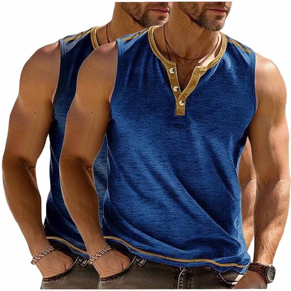 FRSASU Men's Workout Tank Tops Sleeveless Gym Muscle Color Block Basic Summer Beach Henley Shirt Navy