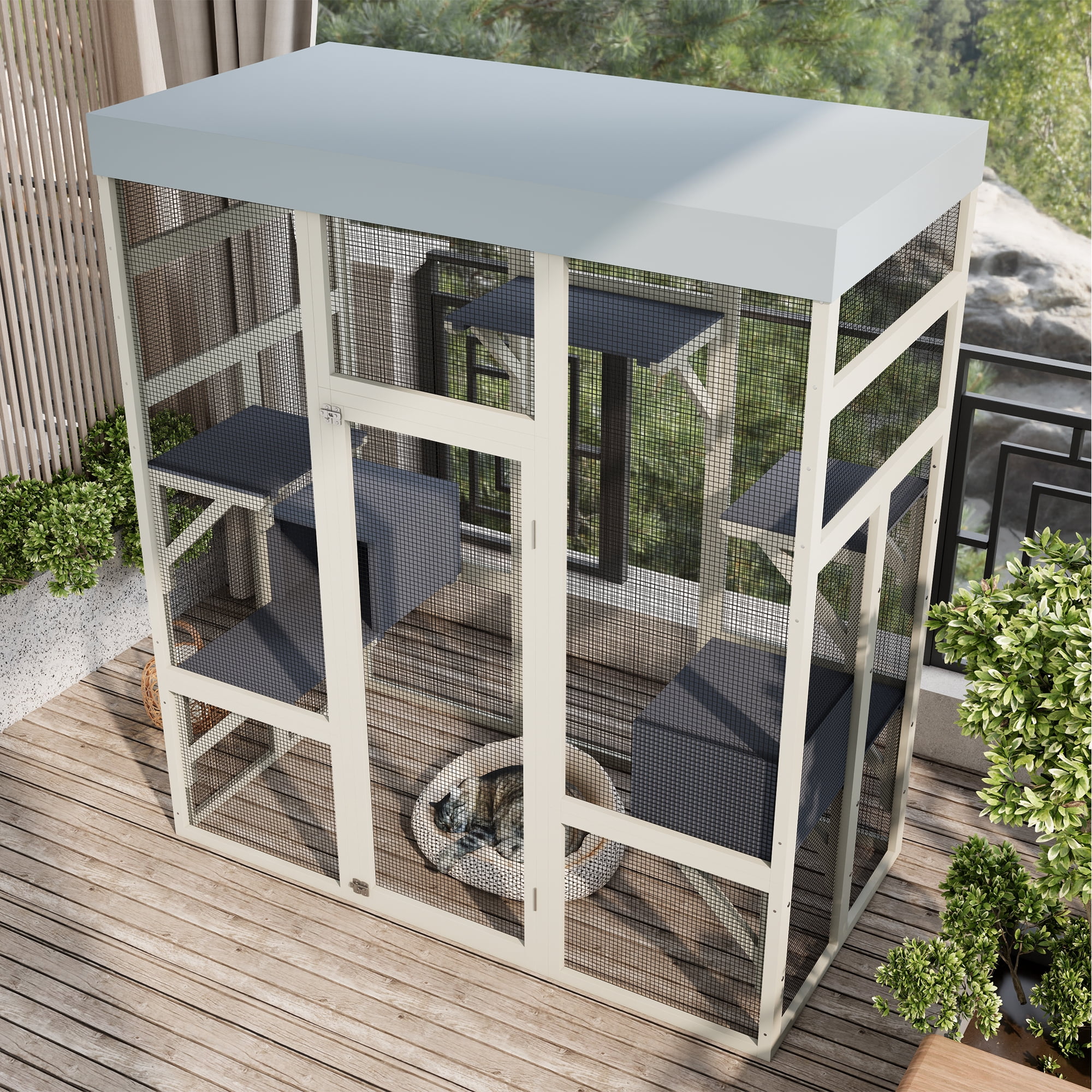 70" Catio Outdoor Cat Enclosure, Large Wood Cat House for Multiple Cats, Waterproof Top, Spacious and Secure Cat Shelter Enclosure with Platforms and Resting Box