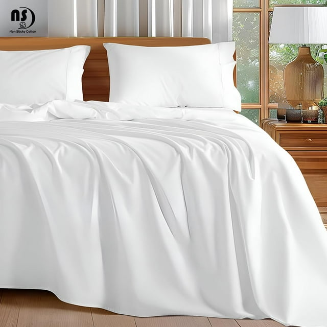 NON Sticky cotton Full 4 Piece Sheet Set, 100% Long Staple Cotton, Soft Cooling Hotel Luxury Bedding Sheets, Deep Pocket Fits 10" to 18" Mattress, 54" x 75", White Stripe