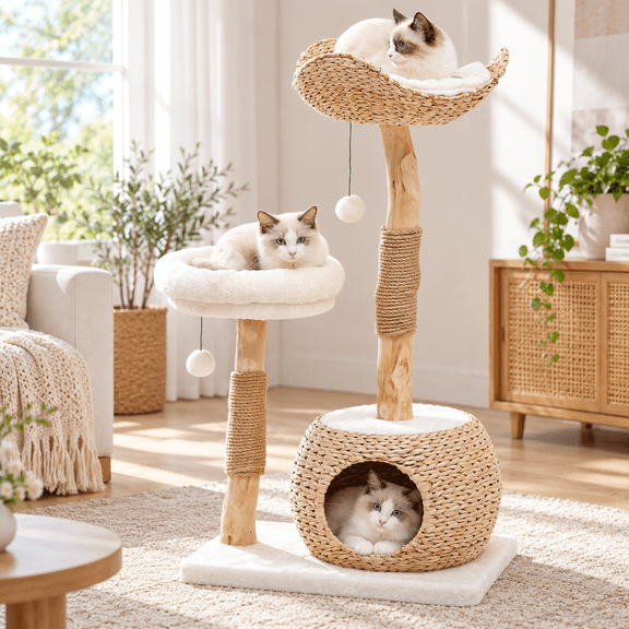 40" Wooden Cat Tree, Multi-Level Cat Tower with Jumping Platforms, Cat Condo & Basket Beds, Indoor Cat Furniture for Kittens and Cats