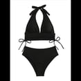 thumbnail image 1 of Conjuntos de Bikini para Mujer, de Cintura Alta, Acanalados, con Cuello Halter y Cordón Fruncido, de Dos Piezas. Negro L, 1 of 9