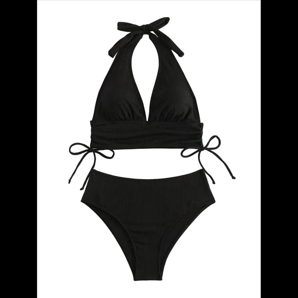 Conjuntos de Bikini para Mujer, de Cintura Alta, Acanalados, con Cuello Halter y Cordón Fruncido, de Dos Piezas. Negro XL