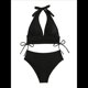 thumbnail image 1 of Conjuntos de Bikini para Mujer, de Cintura Alta, Acanalados, con Cuello Halter y Cordón Fruncido, de Dos Piezas. Negro XL, 1 of 9