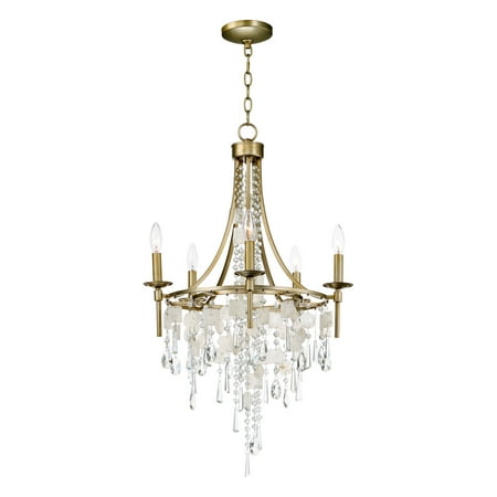 Capiz Shell Chandelier Chandeliers 5 Light Bulb Fixture With Capiz and Gold Silver Finish Steel and Crystal and Capiz Shell Material CA Bulbs 21 inch 300 Watts ()