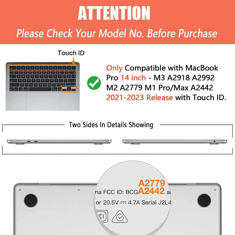 For Macbook Pro 14 inch Case 2023 2022 2021 Release M3 A2918 A299 M2 A2779  A2442 M1 Pro/Max Chip with Touch ID, Hard Cover Shell & Keyboard Cover &  Screen Protector, Clear 