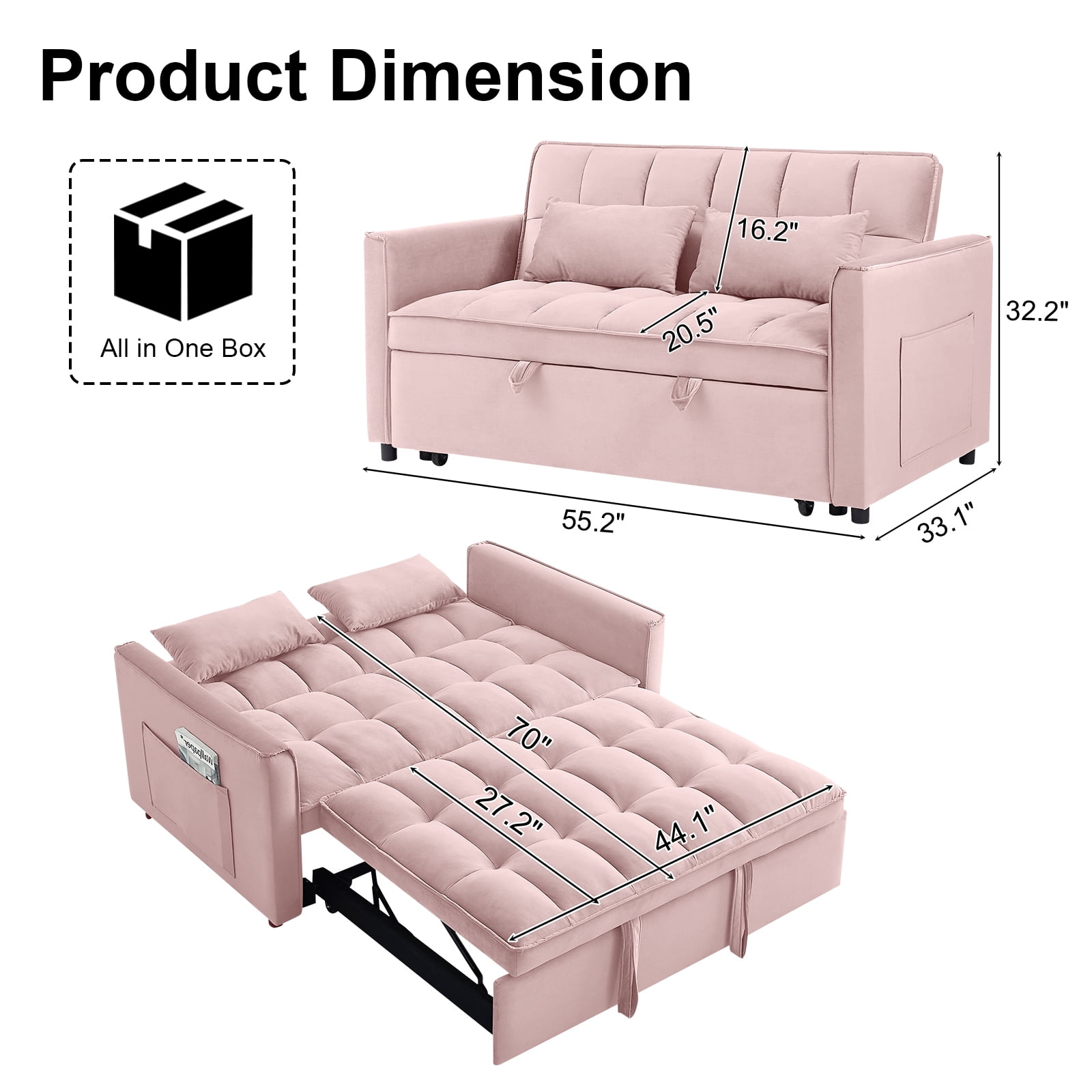 Aisword 3 in 1 Convertible Sleeper Sofa Bed, 55'' Loveseat Sleeper Sofa, Pull Out Couch Bed with Side Pocket & Adjustable Backrest for Living Room, Velvet Fabric, Pink