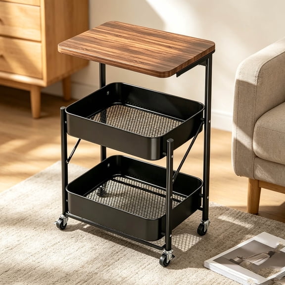 Zehiseta 2-Tier Rolling Utility Cart with Wooden Tabletop Lockable Wheels for Kitchen Bedroom Office