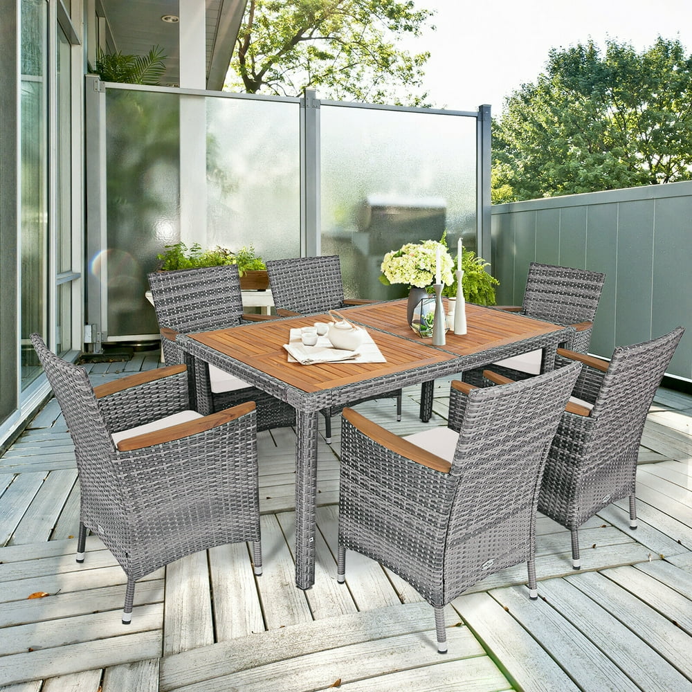 Costway 7PCS Patio Rattan Dining Set Acacia Wood Table Cushioned Chair