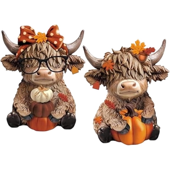 2 Pack Highland Cow Fall Decor Figurines with Pumpkins, Farmhouse Tabletop Decor for Mantel Shelf Tiered Tray