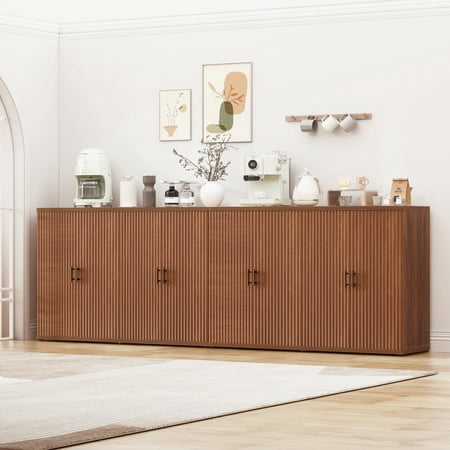 Brafabhome 94 Wide Fluted Sideboard with 4 Doors Modern Credenza Buffet Cabinet with Adjustable & Removable Shelf for Living Room Dining Room | Walnut(2 Set)