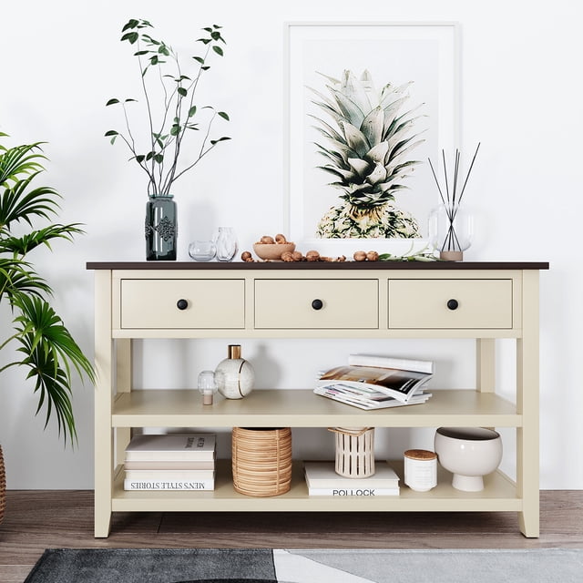 MODERNLUXE 50" Console Table,Retro Storage Sofa Table with 3 Drawers, Open Shelves and Wood Frame for Living Room, Espresso+Beige