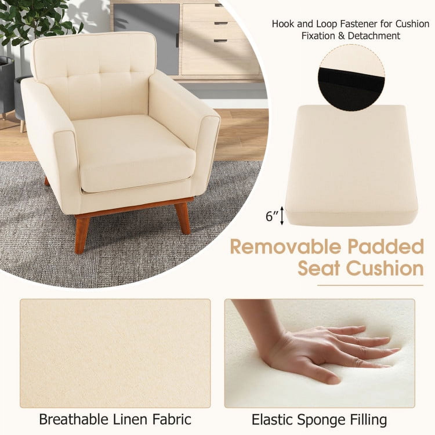 Finihen Accent Chair, Upholstered Accent Armchair, Modern Accent Chair, Upholstered Linen Fabric Armchair with Removable Padded Seat Cushion, for Living Room, Bedroom, Beige Finihen Accent Chair, Upholstered Accent Armchair, Modern Accent Chair, Upholstered Linen Fabric Armchair with Removable Padded Seat Cushion, for Living Room, Bedroom, Beige