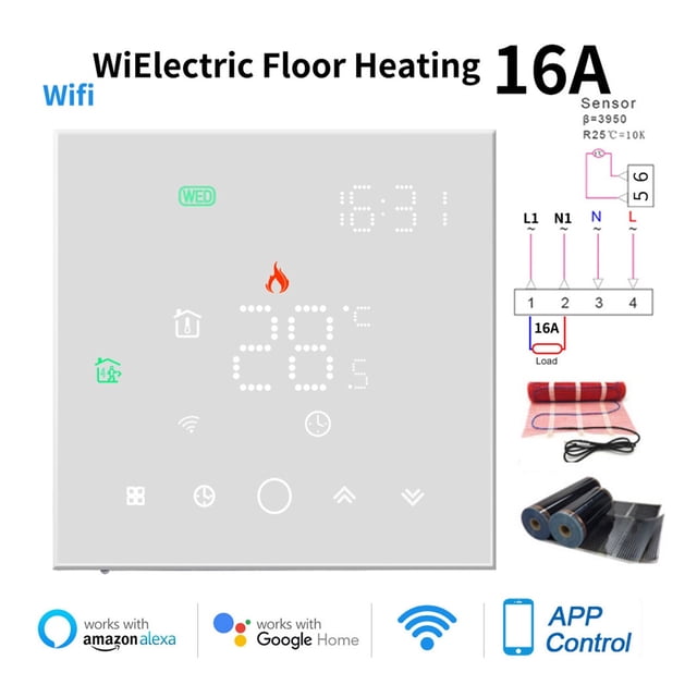 WiFi Thermostat 16A 5A Smart Touch Warm Floor Temperature Controller Electric Floor Heating Gas Boiler Tuya APP Remote Control ,Easy to Install