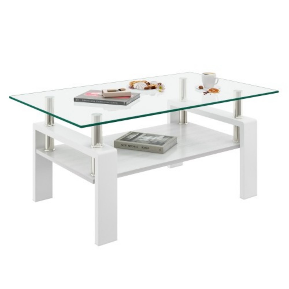 Rectangle Coffee Table, 39.2" Tempered Glass Tabletop with White MDF Storage Shelf and Iron Legs, Modern Clear Glass Center Table for Living Room, 220 lbs