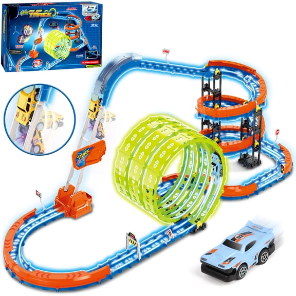 Flooyes Anti-Gravity Track Toy Car, Large-Scale Motorized Track with 3 Corkscrew Loops, Car Game Toys Gifts for Kids Boys 3 4 5 6 7 8