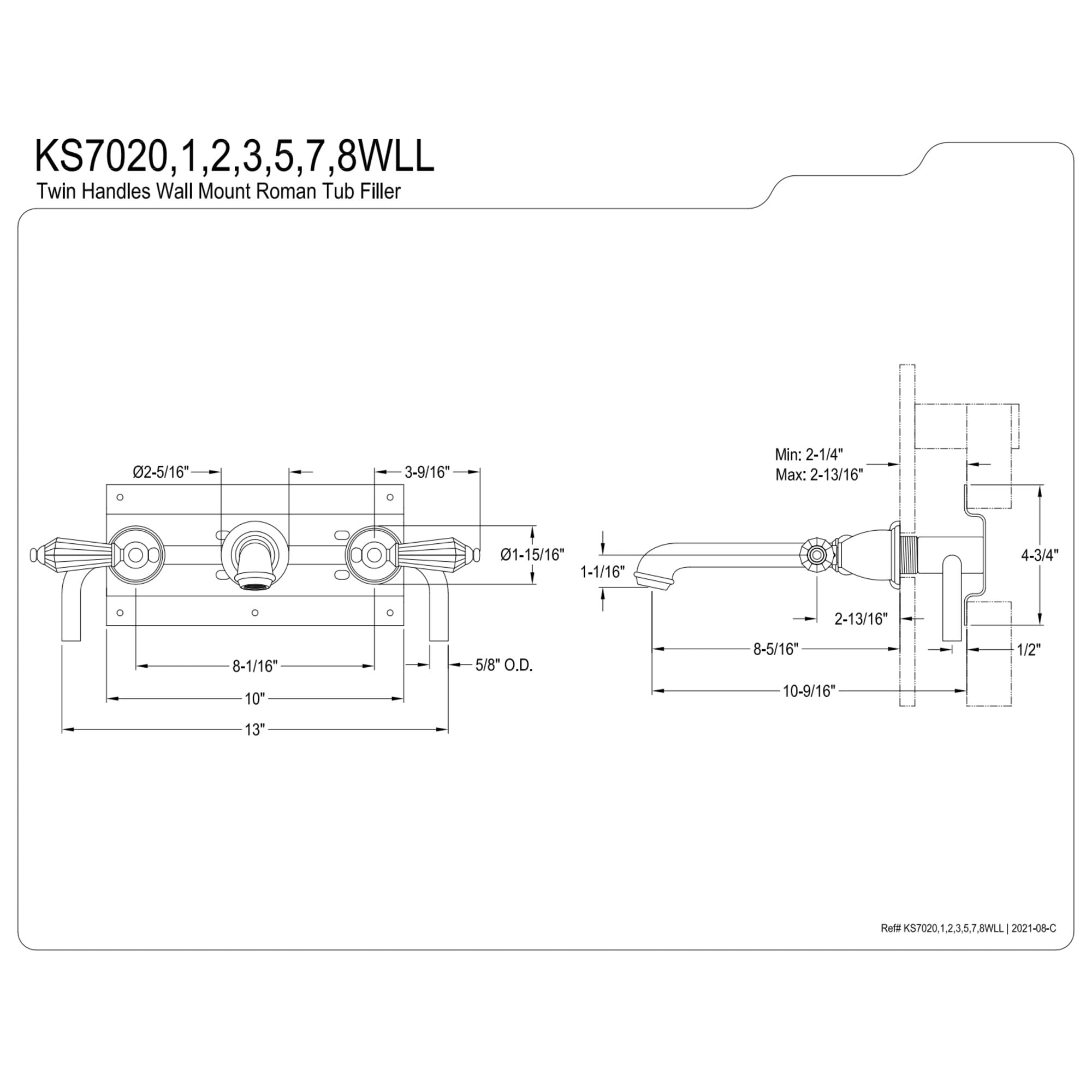 Kingston Brass KS7023WLL Wilshire Two-Handle Wall Mount Roman Tub Faucet, Antique Brass